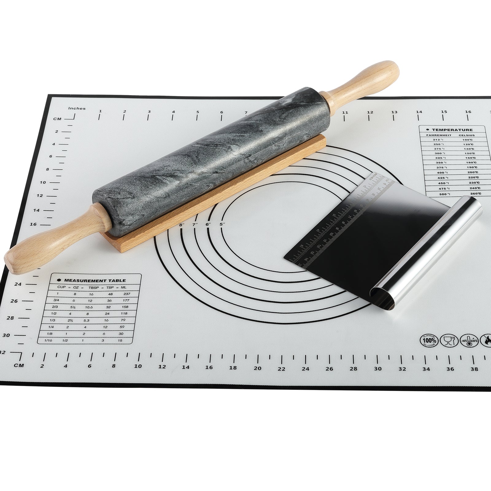 Koville Natural Marble Rolling Pin with Wooden Base Holder,18.11 inch-Monte Grigio