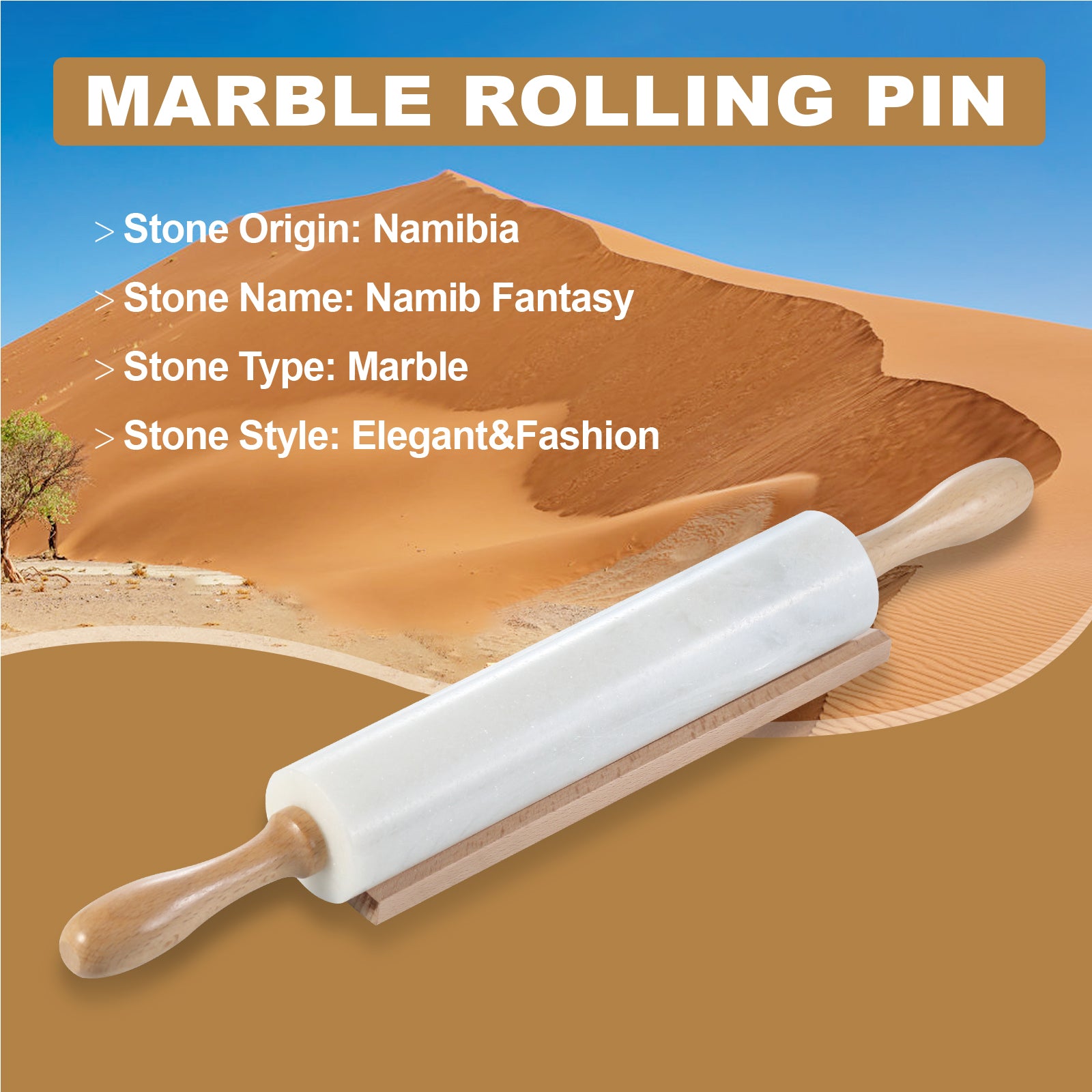 Koville Natural Marble Rolling Pin with Wooden Base Holder,18.11 inch-Namib Fantasy