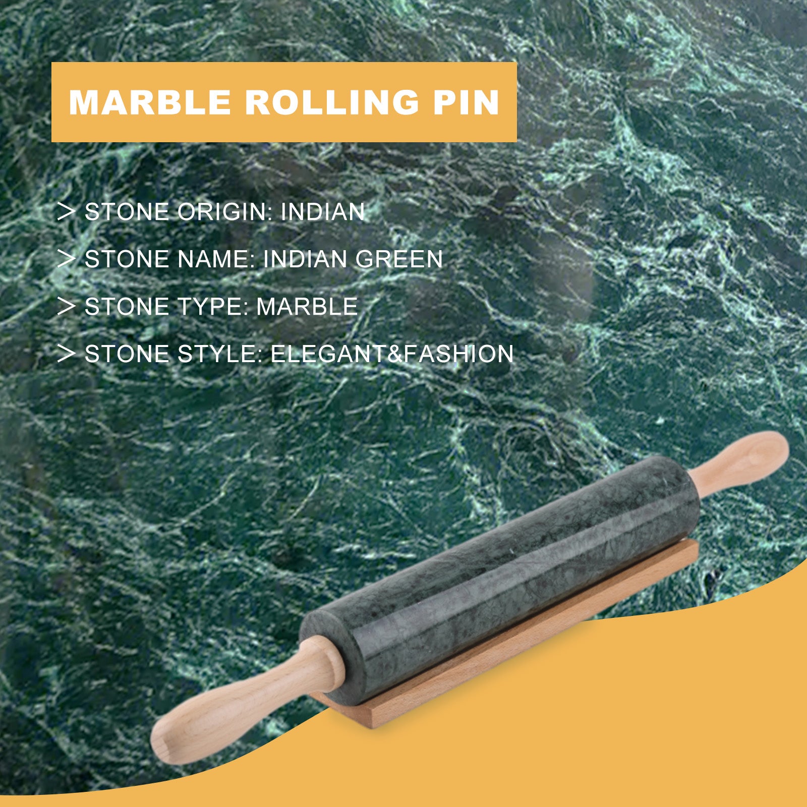 Koville Natural Marble Rolling Pin with Wooden Base Holder-Indian Green