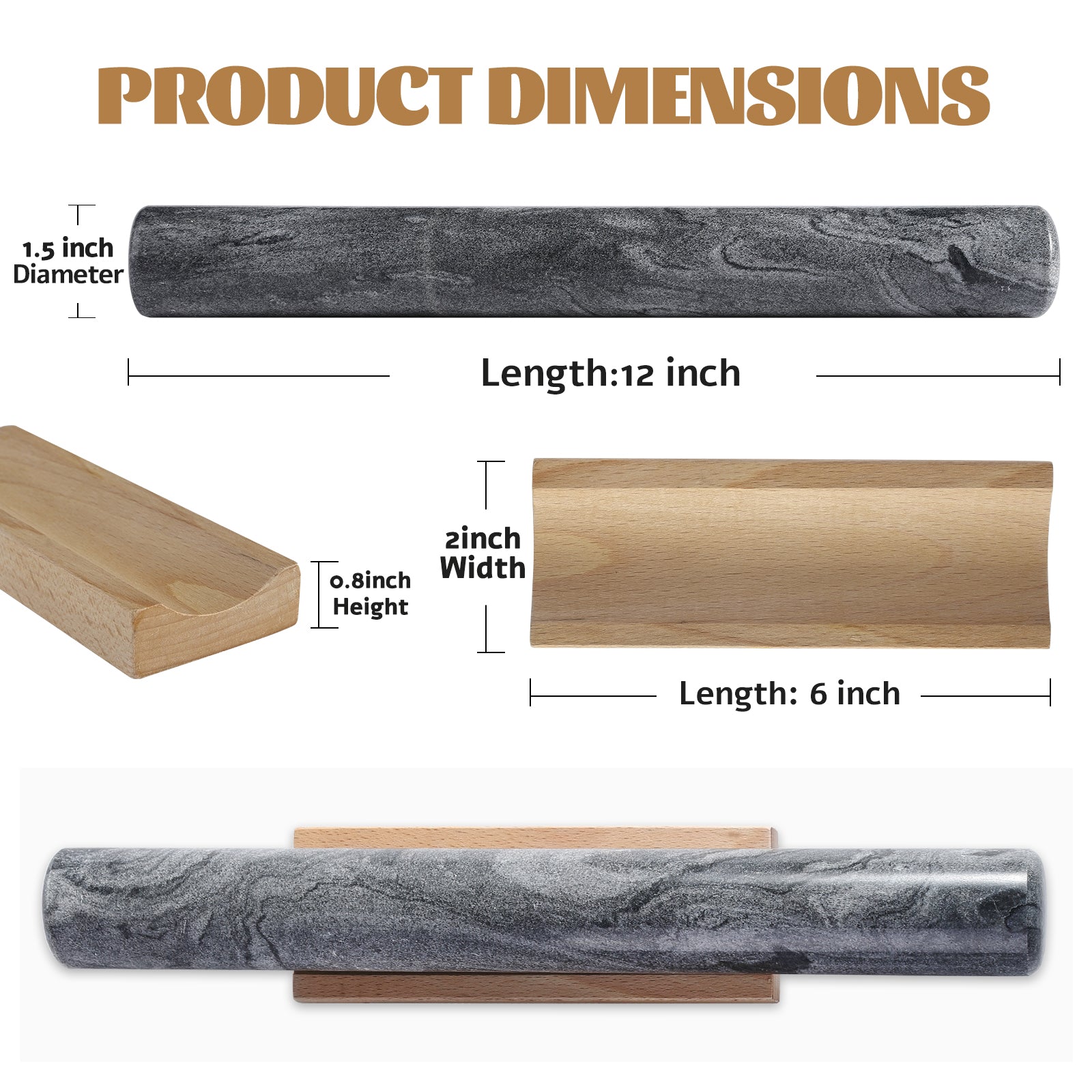 Koville Natural Marble Rolling Pin with Wooden Base Holder,13 inch-Monte Grigio