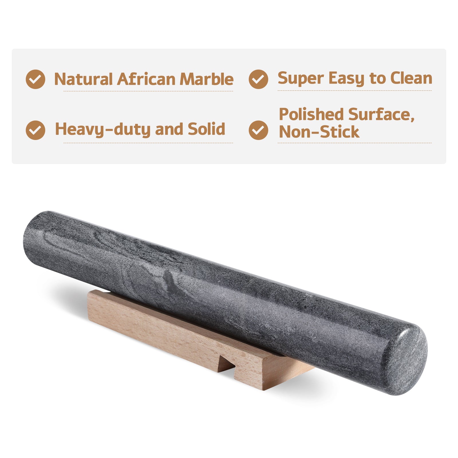 Koville Natural Marble Rolling Pin with Wooden Base Holder,13 inch-Monte Grigio