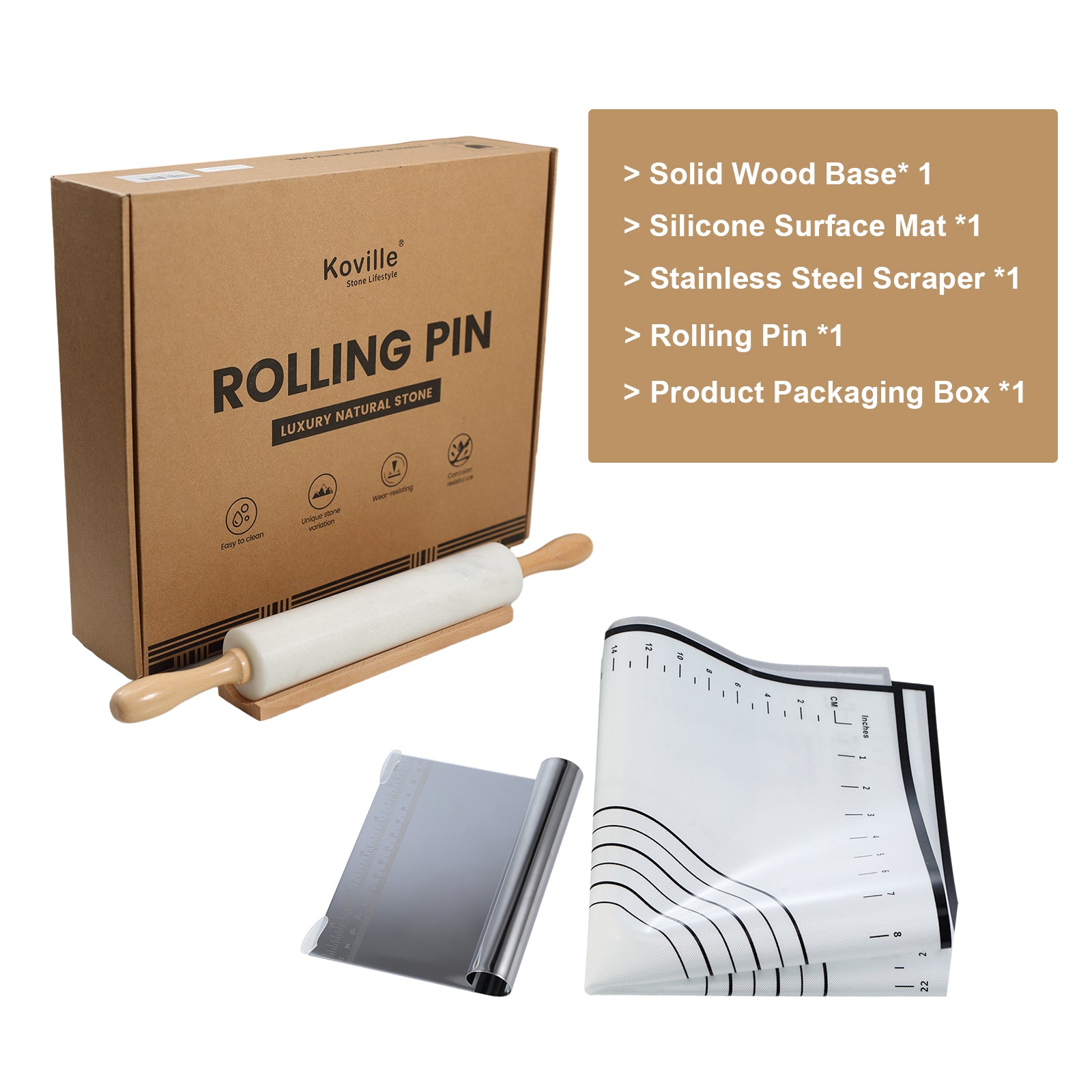 Koville Natural Marble Rolling Pin with Wooden Base Holder,18.11 inch-Namib Fantasy