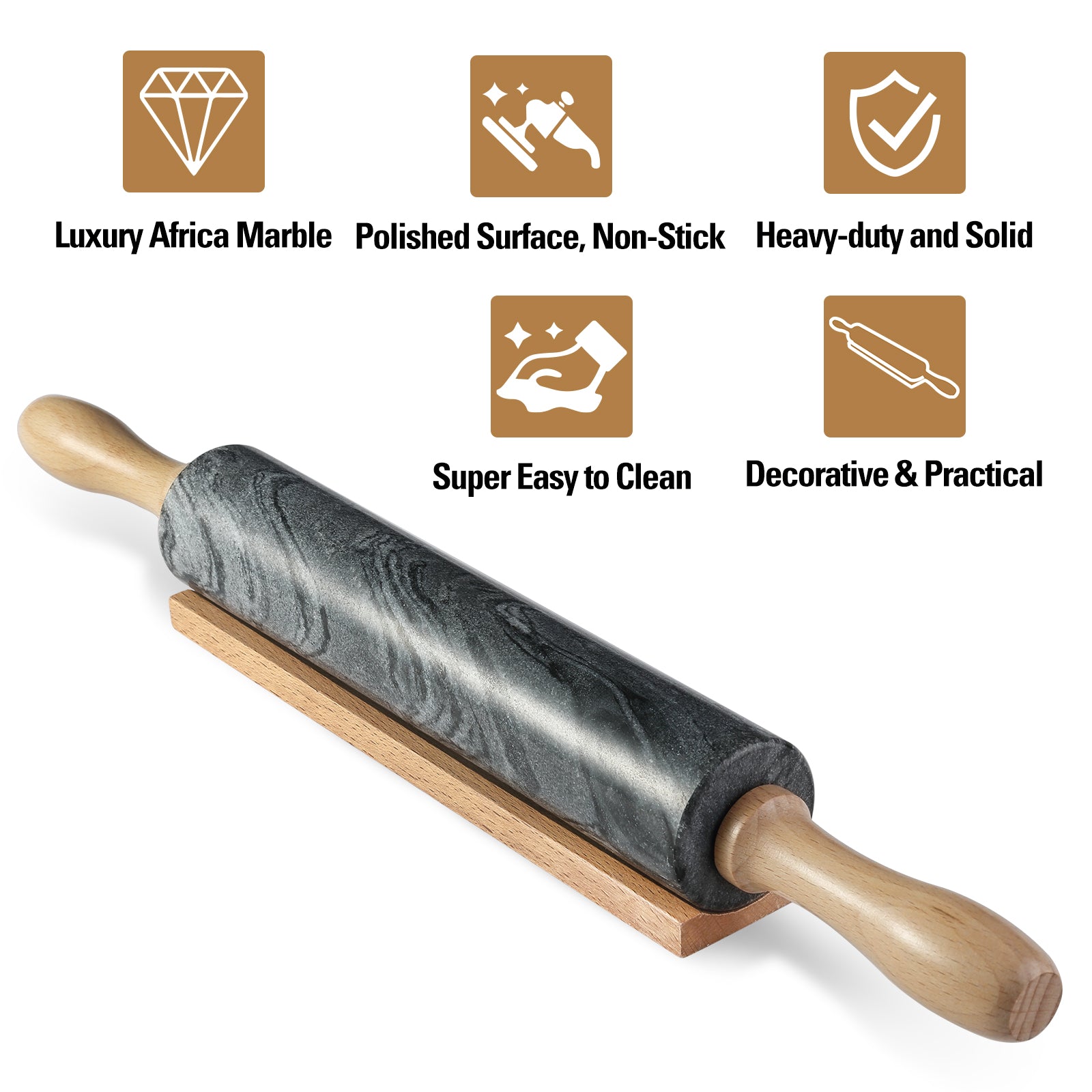 Koville Natural Marble Rolling Pin with Wooden Base Holder,18.11 inch-Monte Grigio