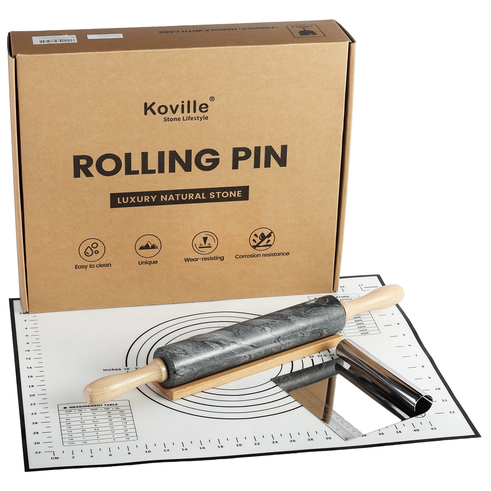 Koville Natural Marble Rolling Pin with Wooden Base Holder,18.11 inch-Monte Grigio