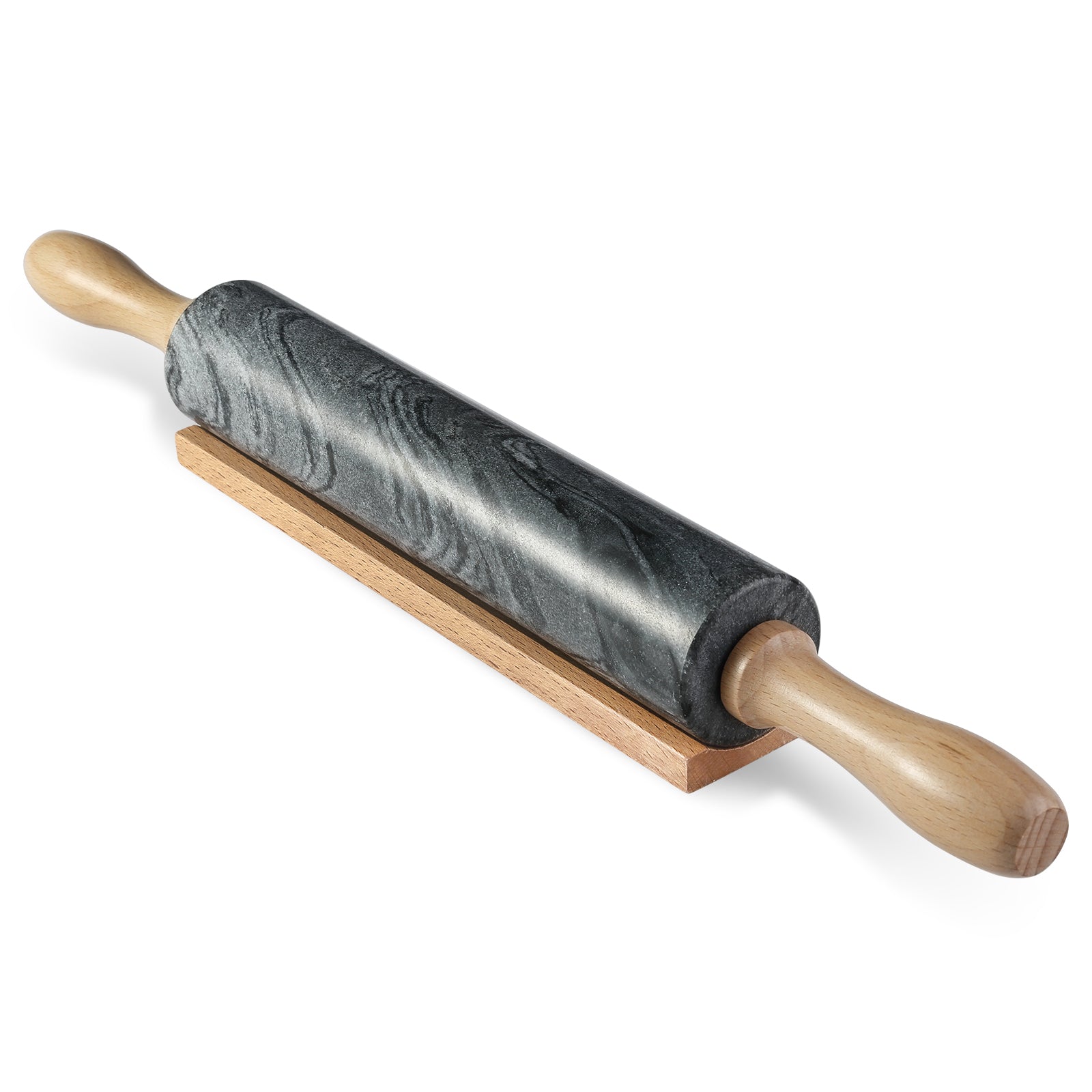 Koville Natural Marble Rolling Pin with Wooden Base Holder,18.11 inch-Monte Grigio
