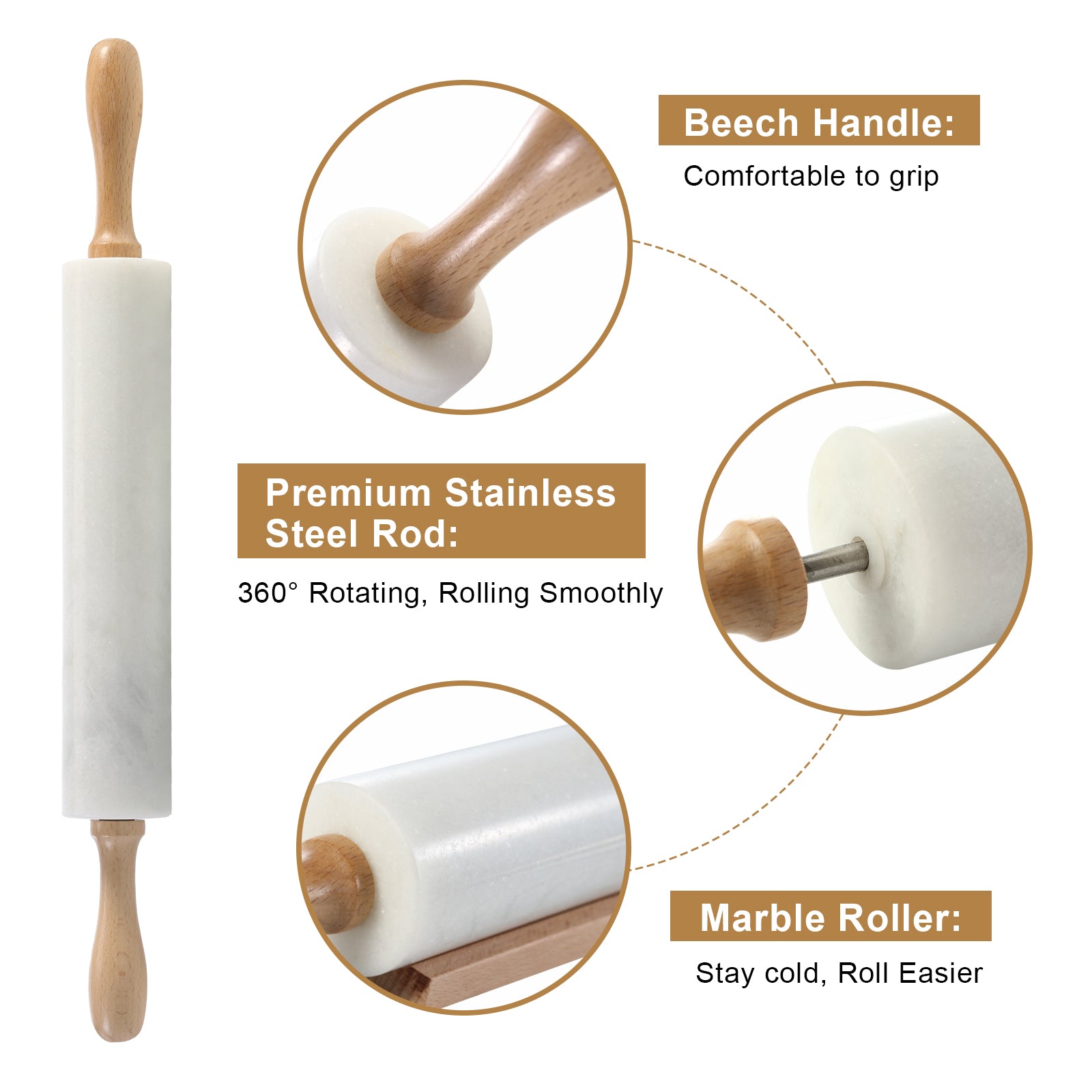 Koville Natural Marble Rolling Pin with Wooden Base Holder,18.11 inch-Namib Fantasy