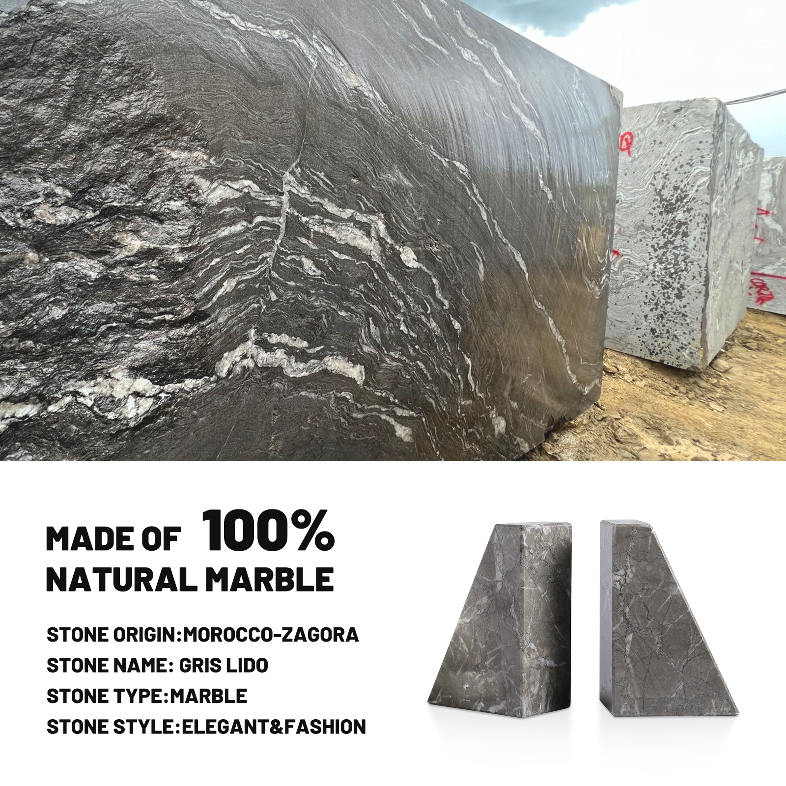 Trapezoid Bookend - Marble (Gris Lido)