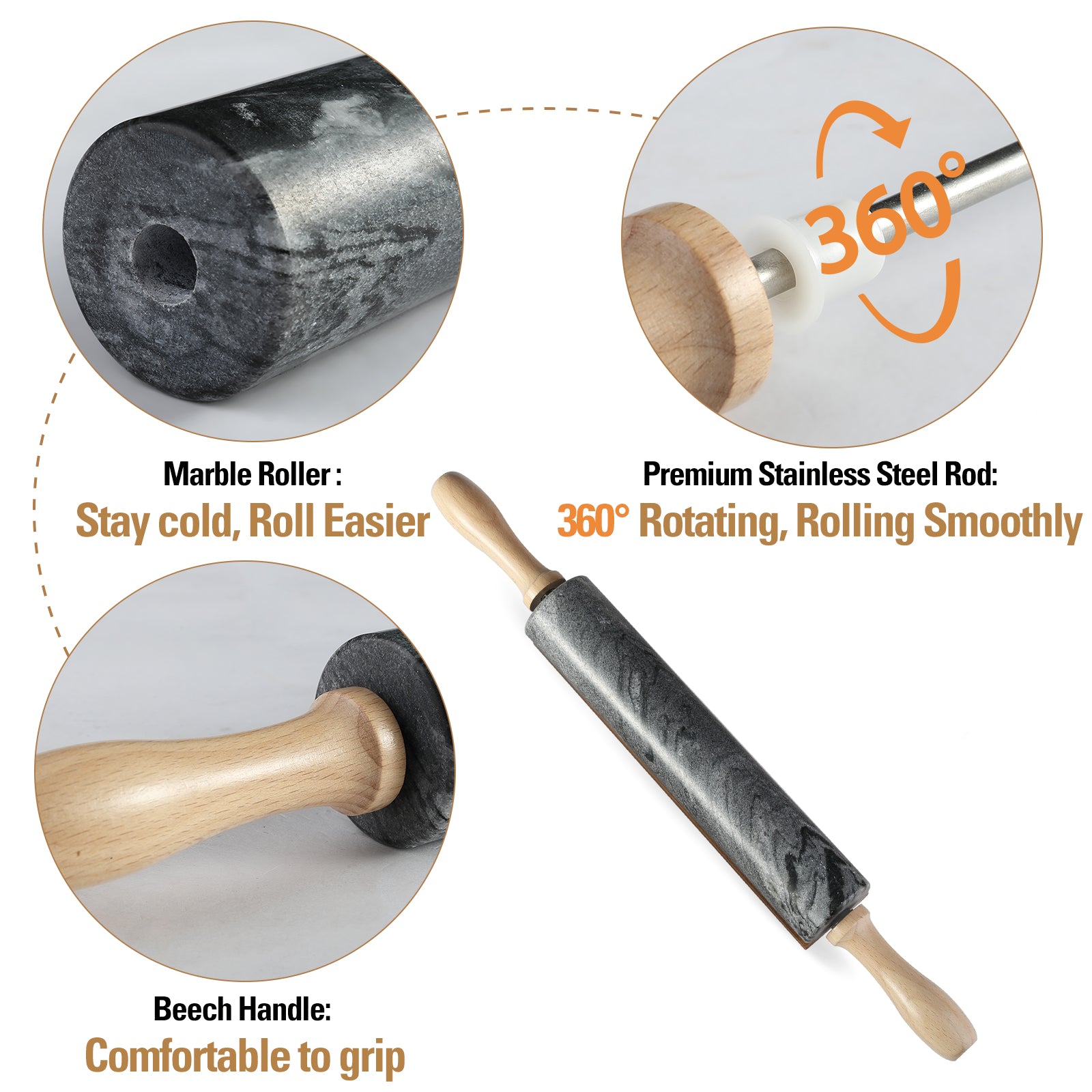 Koville Natural Marble Rolling Pin with Wooden Base Holder,18.11 inch-Monte Grigio