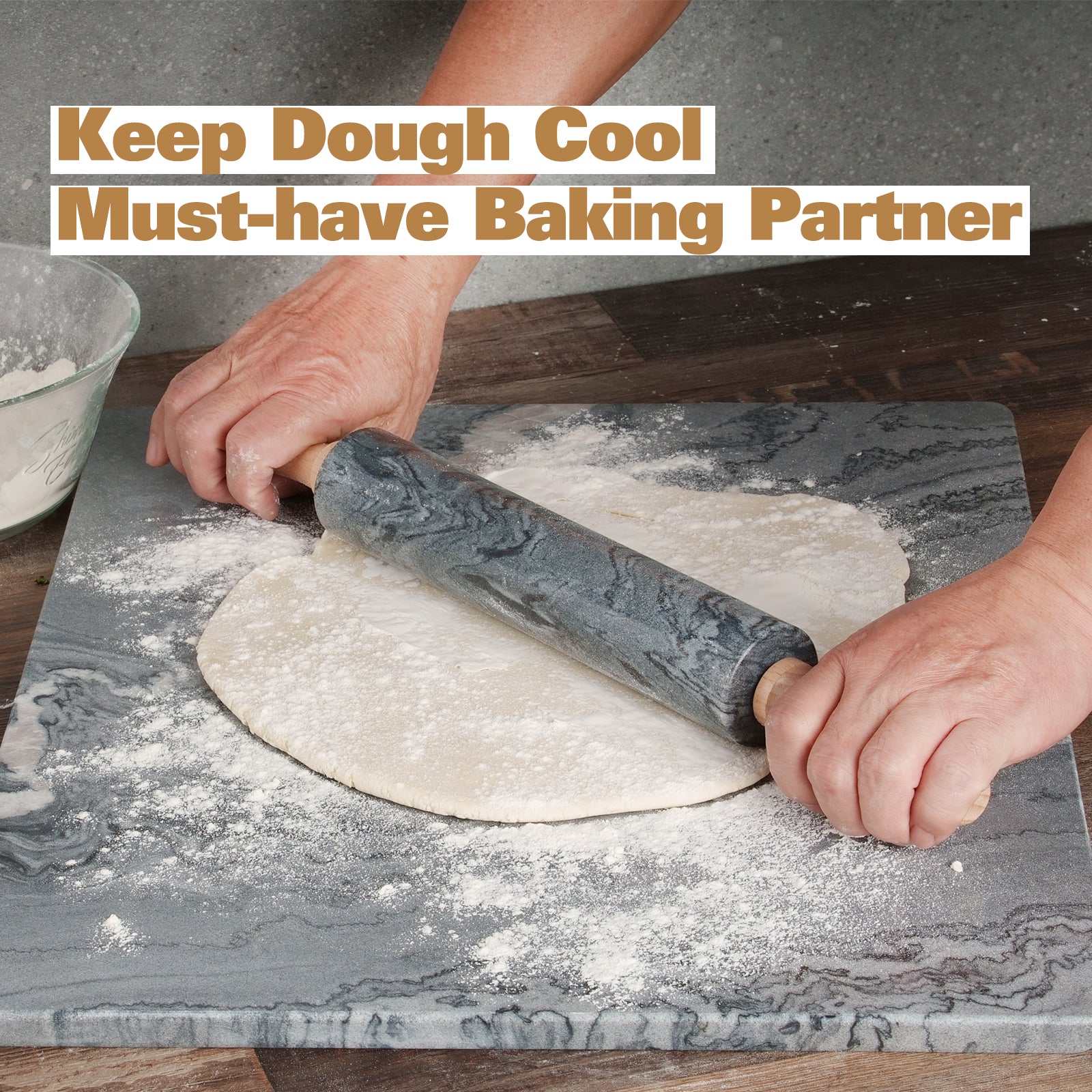 Koville Natural Marble Rolling Pin with Wooden Base Holder,18.11 inch-Monte Grigio