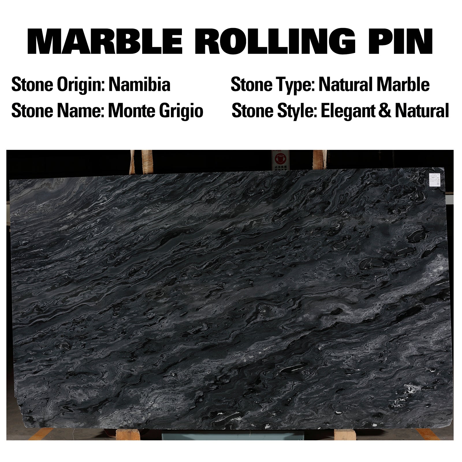 Koville Natural Marble Rolling Pin with Wooden Base Holder,18.11 inch-Monte Grigio